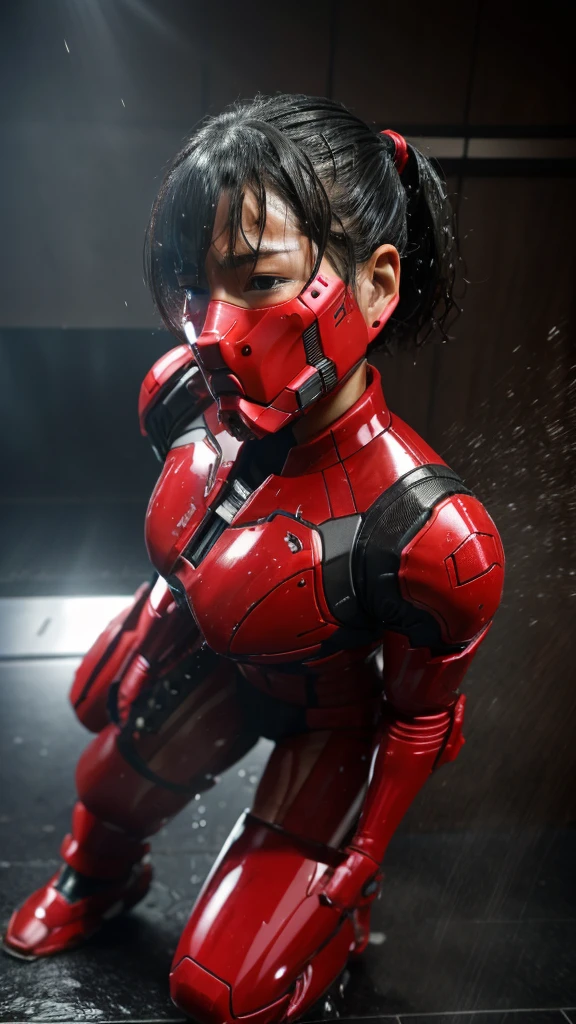 Best Quality　 8k full body red war machine suit girl　Gloss　 Japanese women in their 30s 　Sweaty face　cute　 short hair　 boyish 　Steam coming out of my head　 Her Hair Is Wet With Sweat 　The feel of black hair　 full body portrait　  　Drooling from the mouth　bare hands　 low angle