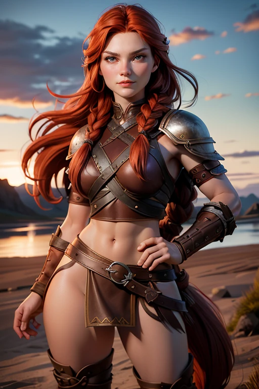 Viking woman, warrior,  long red hair tied in a single braid ,  amazonian body ,  brown eyes, leather armor with leather linings and Celtic and Norse knots, fur skirt, bushy eyebrows, Looking at the camera,  composition epic character,  natural lighting ,  ultra resolution ,  plain white background , without patterns, No textures.