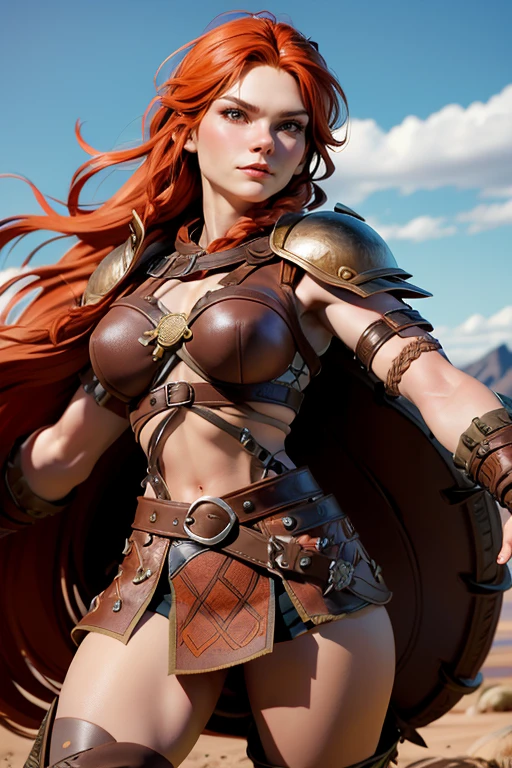 Viking woman, warrior,  long red hair tied in a single braid ,  amazonian body ,  brown eyes, leather armor with leather linings and Celtic and Norse knots, fur skirt, bushy eyebrows, Looking at the camera,  composition epic character,  natural lighting ,  ultra resolution ,  plain white background , without patterns, No textures.