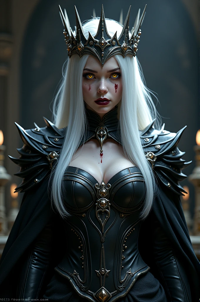 painting of a not emotional and cold Undead queen, spiked crown of hellfire, glowing red eyes, ((long white hair)), ((full length)), dressed in a closed formal suit, hyper-realistic, by Brom: Ultra-detailed of a corpse-pale queen. Elaborate crown of blackened metal spikes, each tip flickering with hellfire. Eyes blaze with intense red light, pupils like dying stars. Skin texture meticulously rendered, showing decay and otherworldly preservation. holds chains, metal collar in hands, Dark, tattered royal garments with intricate, shadowy patterns. Background of smoldering brimstone and distant, tortured souls. Brom's signature style of gothic horror mixed with dark fantasy elements.(intricate details), cinematic, professional, 4k, (((dynamic model pose))), sitting, full body, mesmerizing, dynamic, dramatic, dynamic pose,, cinematic scene, volumetric lights, ultra realistic, in the style of nicola samori