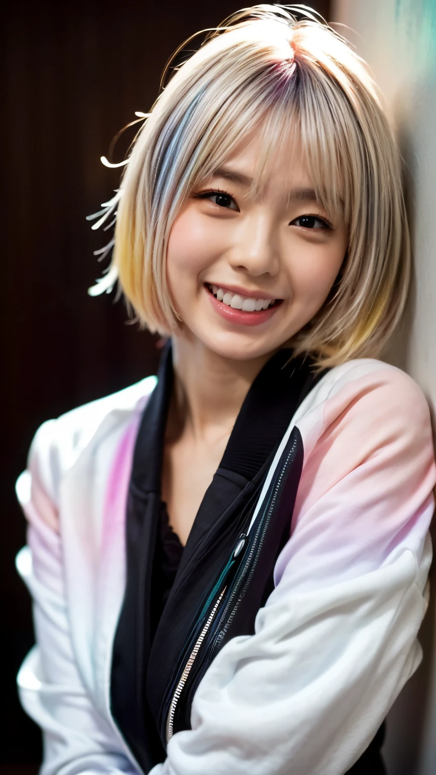 1 girl, alone focus, portrait, (big beast,front open track jacket,oversized black color track jacket), half pink, half green, ((black hair)), (yellow hair), (gradient hair :1.5), long straight hair, highly detailed eyes, (white skin:1.1), highest quality, Super detailed, white background, simple background、happy smile、beautiful decollete