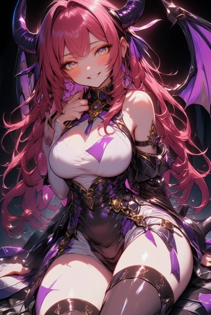 1girl,gal,reclining,large breasts,very long hair,red hair,wavy hair,evil smile,Yellow eyes,devil,demon wings,demon tail,demon horns,dominatrix,sexy,sexy pose,(masterpiece,best quality,finely detailed skin,ultra detailed,super fine illustration),Black aura background