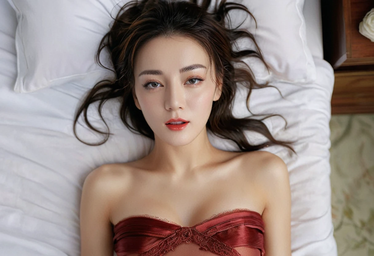 A stunning 8k painting of a beautiful girl lying in bed with her legs open, showing off her big curves and slender abs. She has dark brown hair that falls over her shoulders and face, framing her ultra detailed features. Her lips are full and glossy, her eyes are expressive and have double eyelids. She wears a red bra that contrasts with her fair skin. The painting is a masterpiece of realism and sensuality.