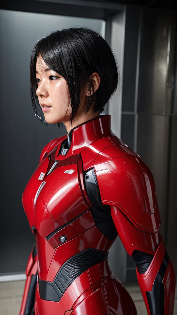 Best Quality　 8k full body red war machine suit girl　Gloss　 Japanese women in their 30s 　Sweaty face　cute　 short hair　 boyish 　Steam coming out of my head　 Her Hair Is Wet With Sweat 　The feel of black hair　 full body portrait　  　Drooling from the mouth　bare hands　 low angle