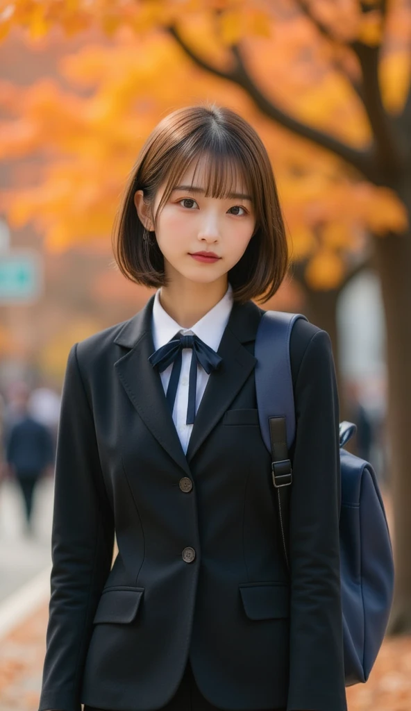   be careful when browsing  :-2, Retro school girl photo, Realistic, Beautiful woman face, Staring straight into the camera  :1.37, Realistic, 非常にRealisticな写真,  is standing,  perfect anatomy:1.21,  has a small head:1.21, Thin lips:1.5, Close your lips, Portrait of a Japanese Woman :1.21,  A plain uniform from a famous high school in the city  , blazer uniform,  blazers, 黒いblazers,  shirt :1.21, Loop Ribbon:1.21,  black pleated skirt  :1.21,     is carrying a warm dark blue school backpack , Brown Hair:1.21, Low ponytail hair:1.21,  cute Japanese woman  :1.21, The face of a beautiful Japanese woman with big breasts :1.21,  symmetrical eyes,  clear eyebrows on the rails :1.37,  Details Faces  ,  white skin:1.21,  fine skin,  growing skin :1.21,   natural light is shining on her :1.37,   Retro black and white photography  ,  Based on warm colors   :1.37, Silky Screen, Nostalgic Photos,   Dynamic cinematic lighting in warm colors shines , 