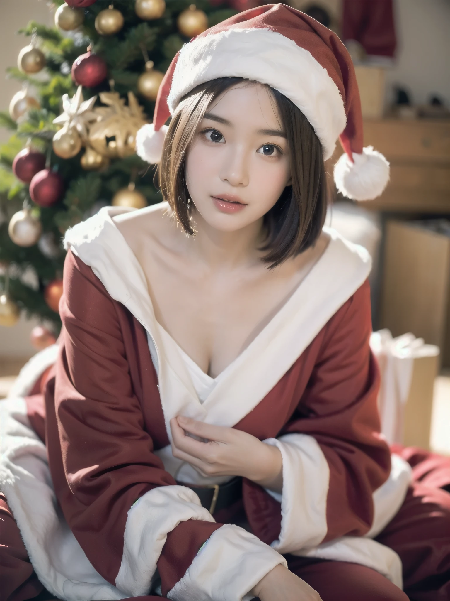 she is a cute asian、I'm wearing a reindeer costume、Big eyes、Brown eyes、Blonde short cut hair、Cute smile、Christmas