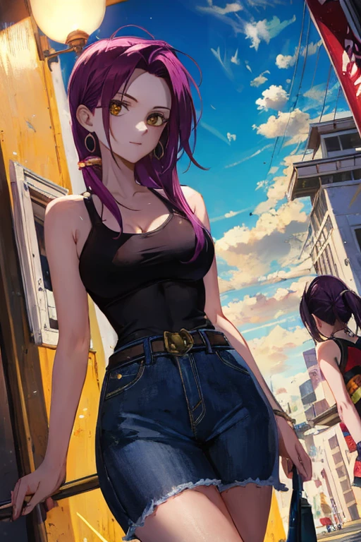 masterpiece, best quality, 1girl, <lora:mira_suou_omni_v2:0.7>mira suou, happy, solo, purple hair, blue eyes, sunglasses, white eyelashes, mole, red crop top, denim skirt, navel, looking back, from behind, in the street, blue sky, sunset, <lora:more_details:0.2>