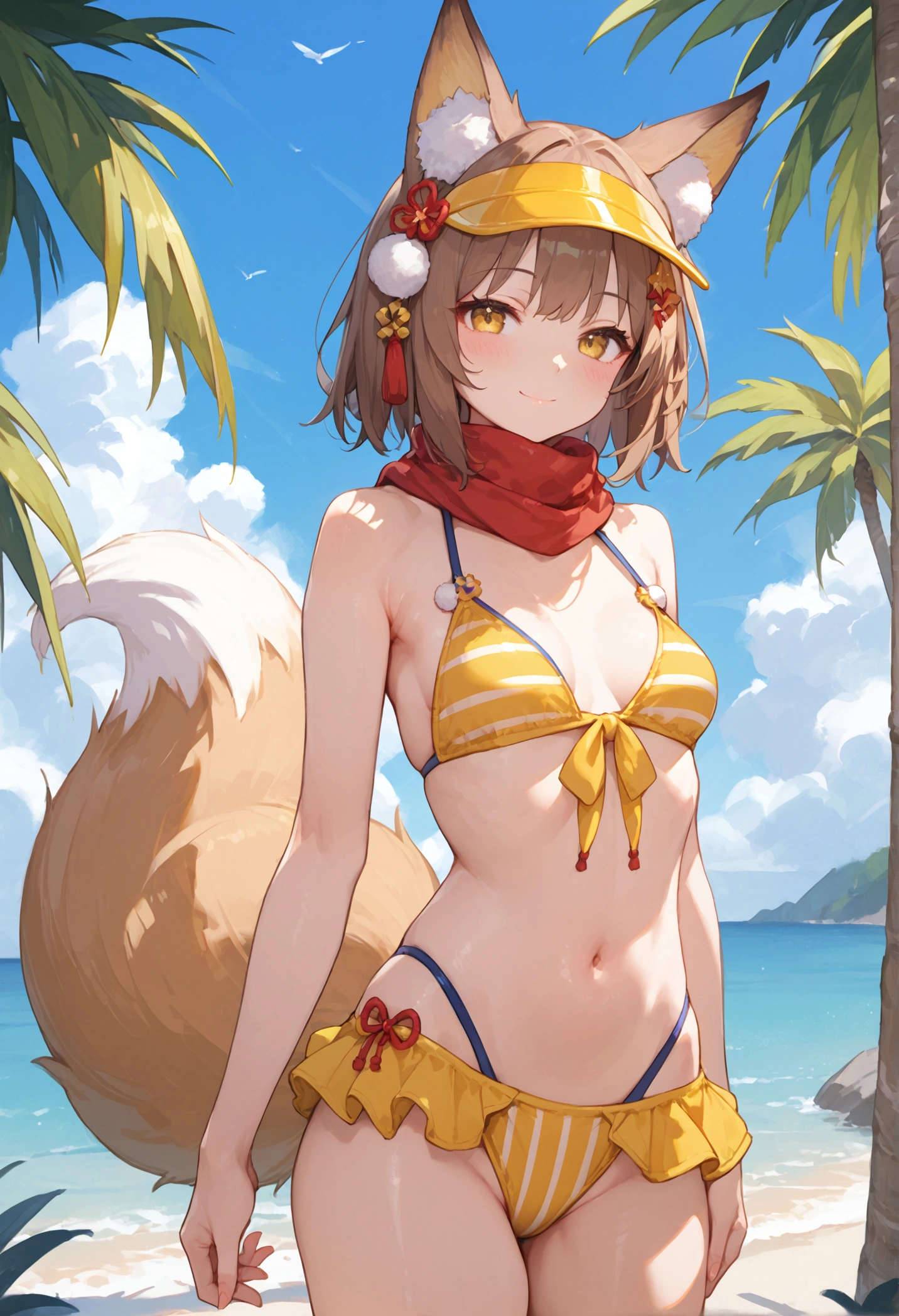 1girl, beach, animal ears, :3, smile, closed mouth, bikini, blush, breasts, brown hair, flexible, fox ears, fox girl, fox tail, front-tie bikini top, front-tie top, hair ornament, highleg, highleg bikini, leg lift, looking at viewer, pom pom hair ornament, red scarf, scarf, short hair, small breasts, solo, split, standing, standing on one leg, standing split, striped bikini, striped clothes, swimsuit, tail, visor cap, yellow eyes, hands, score_9_up, score_8_up, masterpiece, best quality, detailed skin texture, (blush:0.2), (goosebumps:0.3), subsurface scattering