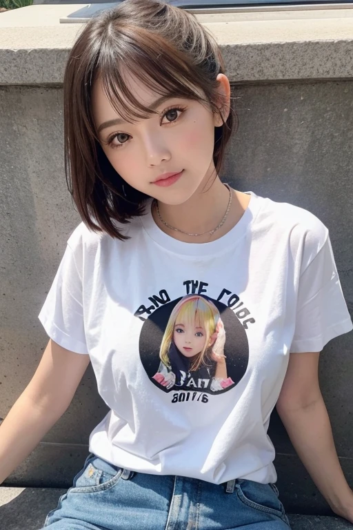 （（top-quality，8K，tmasterpiece：1.3）），Beautuful Women，1 girl in，sixteen years old、(Her idol-like face is super cute:1.5)，A slender:1.1，(tshirts、JINS:1.8), (Whole body :1.2), A smile，Small milk，Slightly longer bob hair ，Straight hair、bangss、Super Detailed Face，very detailed lips，The mouth is wide open，Detailed eyes，Charming eyes，二重まぶた、simplicity、pure、sexy body type、