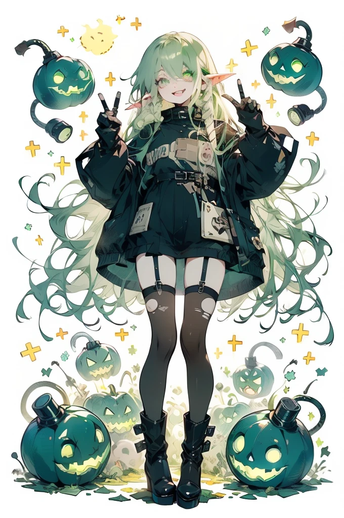 masterpiece, best quality, ((Extremely detailed)), solo,1 girl, perfect face, curvy, smiling, long hair, pastel green hair, pastel green eyes, (hair over the eye), long elf ears, black uniform, black gloves, torn stockings, black tights, black boots, robotic Halloween pumpkins, green Halloween pumpkins, white background, stars.