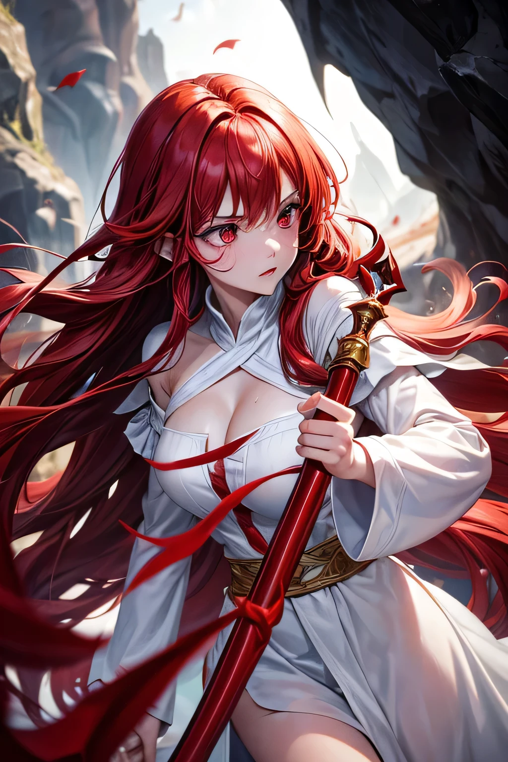 A beautiful female knight with red hair and semi-long hair is fighting a long-necked demon by a magical spring. She is fluttering her mini-skirt and trying to swing her sword. She is adorably cute and has outstanding style. She has beautiful breasts, a slender waist, and is full of charm. Glassy shards of magical light dance around her.