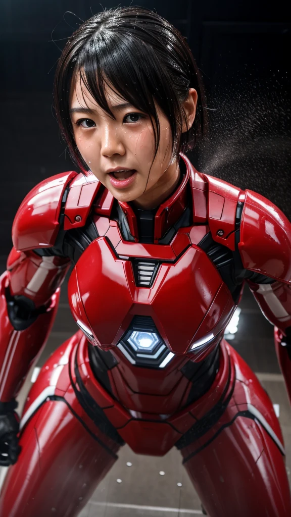 Best Quality　 8k full body red war machine suit girl　Gloss　 Japanese women in their 30s 　Sweaty face　cute　 short hair　 boyish 　Steam coming out of my head　 Her Hair Is Wet With Sweat 　The feel of black hair　 full body portrait　  　Drooling from the mouth　bare hands　 low angle