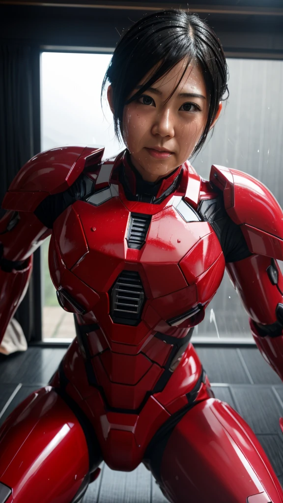 Best Quality　 8k full body red war machine suit girl　Gloss　 Japanese women in their 30s 　Sweaty face　cute　 short hair　 boyish 　Steam coming out of my head　 Her Hair Is Wet With Sweat 　The feel of black hair　 full body portrait　  　Drooling from the mouth　bare hands　 low angle