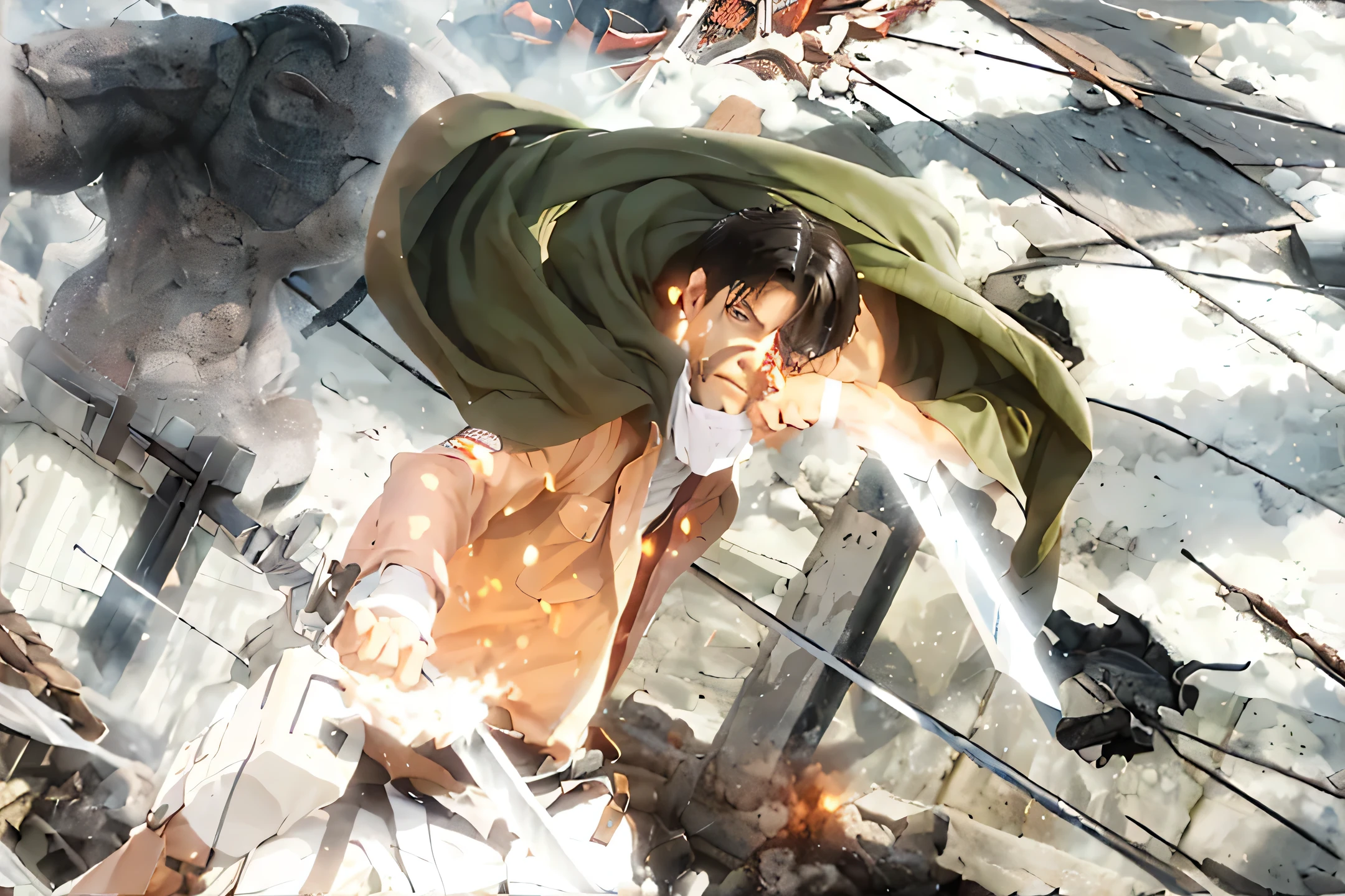 ((LEVI ACKERMAN_SHINGEKI NO KYOJIN)((realistic, photorealistic)),(highlight hair)), Light reflection, (( HD )),((upper body)), (((best quality, masterpiece))), (masterpiece) (best quality) (detail) (8k) (HDR) (wallpaper) (cinematic lighting) (sharp focuasterpiece, best quality: 1.1), Real life adaption of this character, realistic outfit, realistic shadow, realistic light, realism, hyper realistic, realistic background,realistic hair,(photorealistic:1.2), (masterpiece: 1.2), (best quality: 1.3), (clear details: 1.3), ((((ultra-detailed)))), ((detailed eyes)), (extremely detailed face:1.4), (highly detailed eyelash:1.6), Ada_re4, (sitting),(beautiful face:1.5), (Masterpiece, Top Quality: 1.2),masculine male, masterpiece, ((perfect eyes)) best quality, (semirealism:1.9), beautiful lighting, (extremely detailed CG unity 4k fhd wallpaper), High Detail, Sharp focus, dramatic outdoors, 1 boy , white hair, light purpel eyes, smile. Attack on titan logo on sleeve
1boy, levi ackerman, Super Deformed Character, levi from anime attack on titan, sword in hand vertical maneuvering equipment, narrow, intimidating dull gray eyes with dark circles under them and a deceptively youthful face, frowning or expressionless, in his Survey Corps uniform with green hooded cloak, serious mood, awesome full color, high quality, highly detailed, 8K Ultra HD, brick walls, fire particles,Sword slash, blood splash, splash,Medieval city,Colossal titan, beast titan, giant,