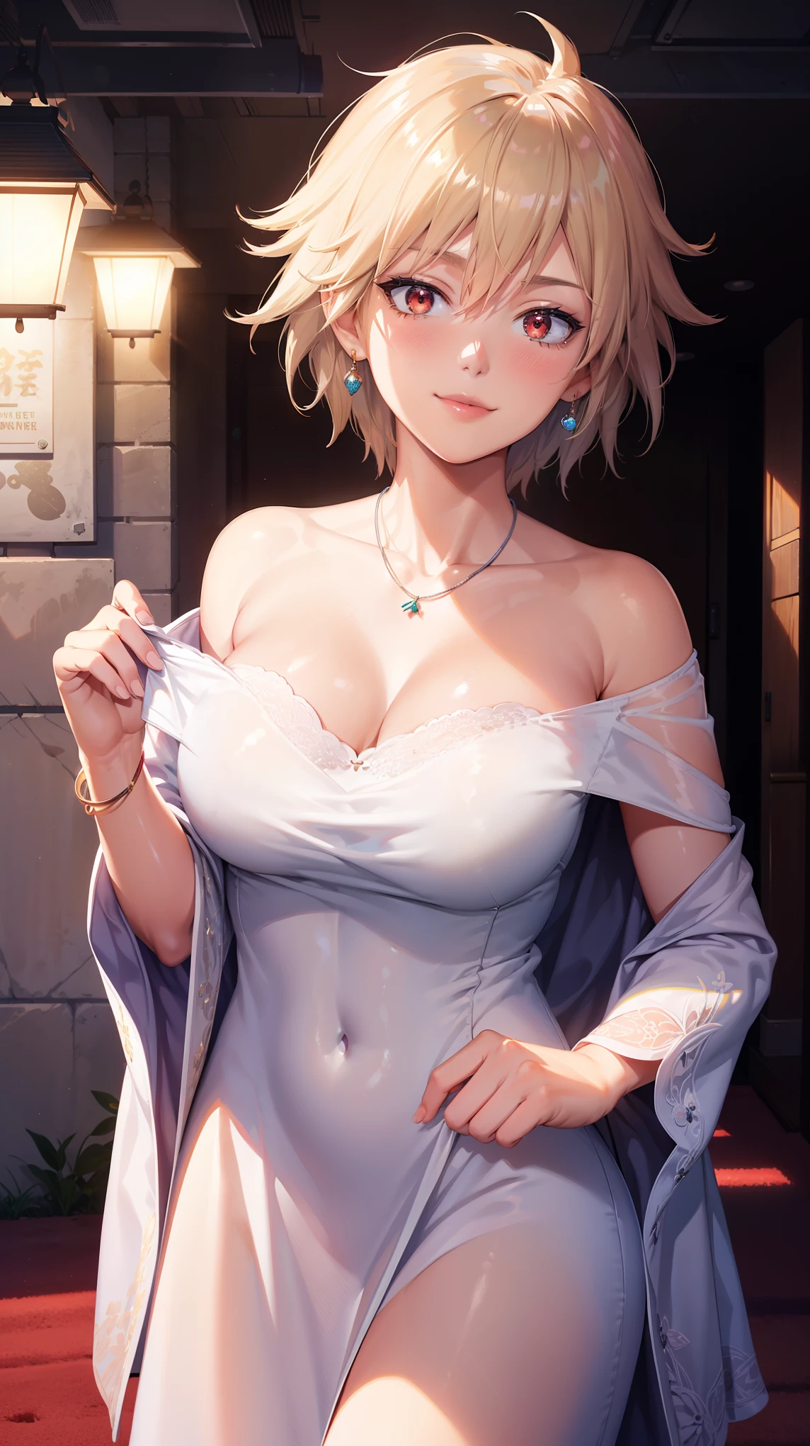 1girl, natural lighting, masterpiece, highly detailed, illustration, game CG, absurdres, high quality, beautiful detailed eyes, glossy lips, natural lighting, medium breasts, mitsuki bakugo, collarbone, jewelry, necklace, blush,purpura dress, off the shoulder, light smile, night, neon lights, red carpet, crowd