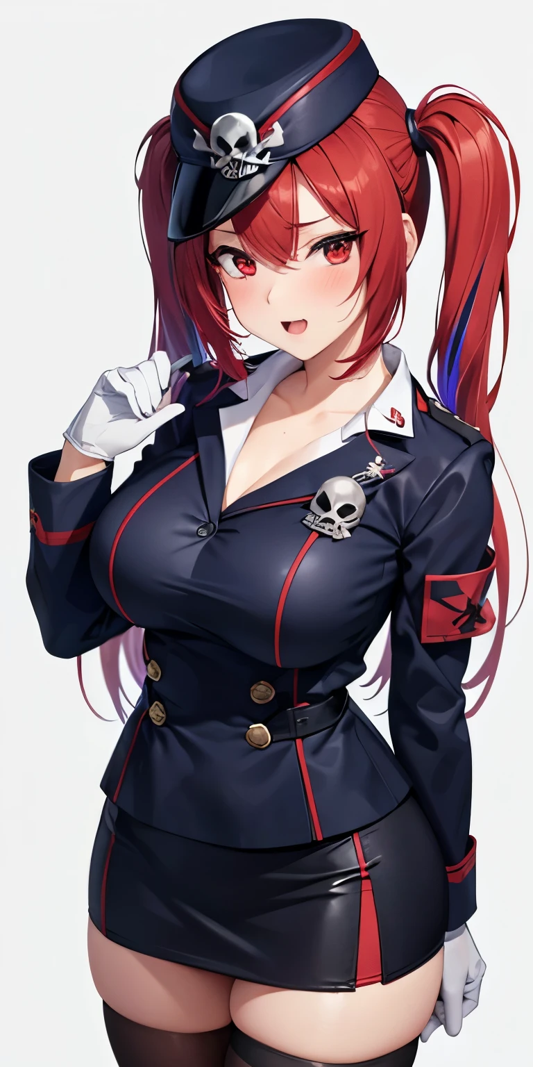 1 Female,High definition,high resolution,Ultra-realistic,8K, 1girl, solo, red hair, red eyes, twintails, employee uniform, pencil skirt, skull print, navy cap, fang, black legwear, white gloves, large breasts,European,sexy,Upper body close-up,Photographed from the front,Dynamic Angles,(blush), (medium tits) , multicolored hair 