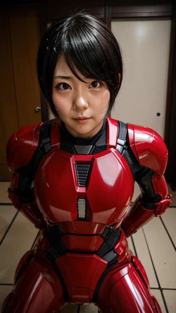 Best Quality　 8k full body red war machine suit girl　Gloss　 Japanese women in their 30s 　Sweaty face　cute　 short hair　 boyish 　Steam coming out of my head　 Her Hair Is Wet With Sweat 　The feel of black hair　 full body portrait　  　Drooling from the mouth　bare hands　 low angle