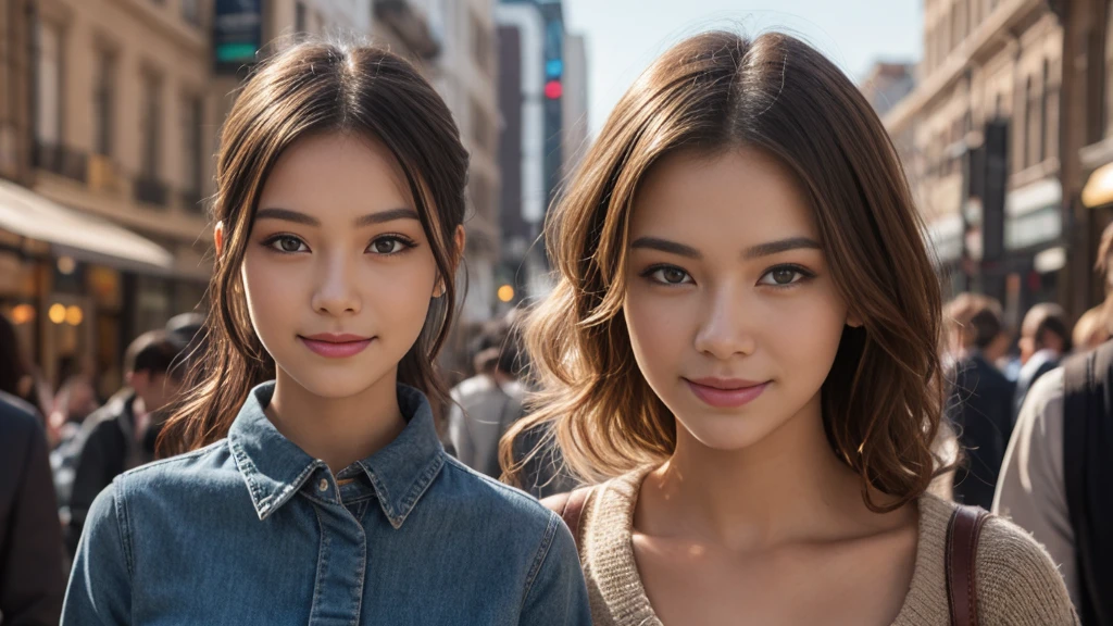 Slim Korean woman face, light yellow skin color, large eyes, blue eyes, smiling eyes, splattered nose, long light brown hair, curly hair, small mouth