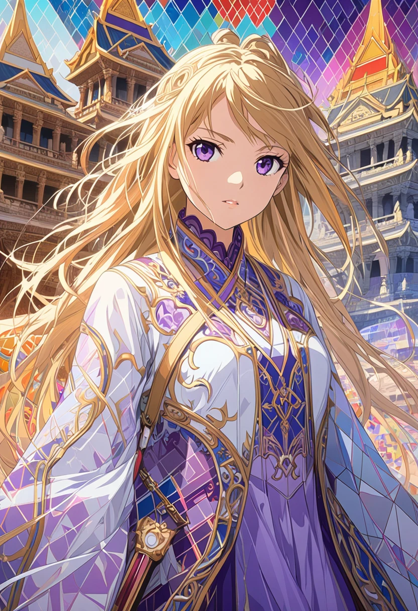 8k resolution, masterpiece,  beautiful girls: 18 years old, messy hair , Oil, Romanticism painting, Delicate depiction of hair, Delicate expression, 美しい perfect face,  perfect face, Mid-chest, Add light purple and purple,  intricate details,  splash screen , Big temple, Geometric mural,  colorful background, aura, blonde, Strong winds, thunder,  Alexandria, Detailed illustration art anime style , automatic, 