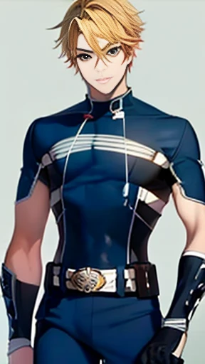 (((My Hero Academia Style))), One boy. male focus. brown short hair. boku no hero academia. Oval face, strong jaw and high cheekbones. Soft but marked features. Slightly almond-shaped eyes framed by long, straight eyelashes, deep gaze. Expression of concentration. Thick eyebrows. masterpiece, best quality, very aesthetic, black shirt, baggy pants, proportionally anatomical, detailed body illustration, casual front pose. Full colour, full clothing.