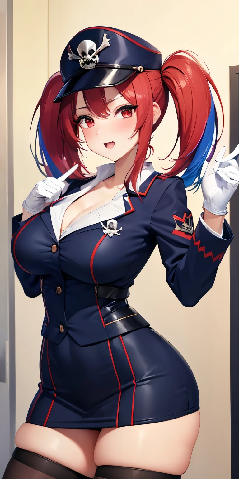 1 Female,High definition,high resolution,Ultra-realistic,8K, 1girl, solo, red hair, red eyes, twintails, employee uniform, pencil skirt, skull print, navy cap, fang, black legwear, white gloves, large breasts,European,sexy,Upper body close-up,Photographed from the front,Dynamic Angles,(blush), (medium tits) , multicolored hair 