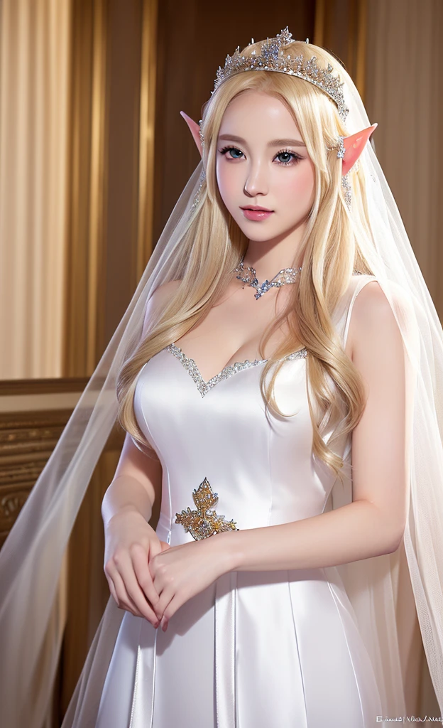 fantasy、long hair、blonde、cute woman、white skin、white skin、Transparency、Garden Wedding、Rose、Wedding dress、all lace dress、veil、tiara、thin eyebrows、Rounded face、happiness、bouquet、big breasts、don't blush、the light is soft