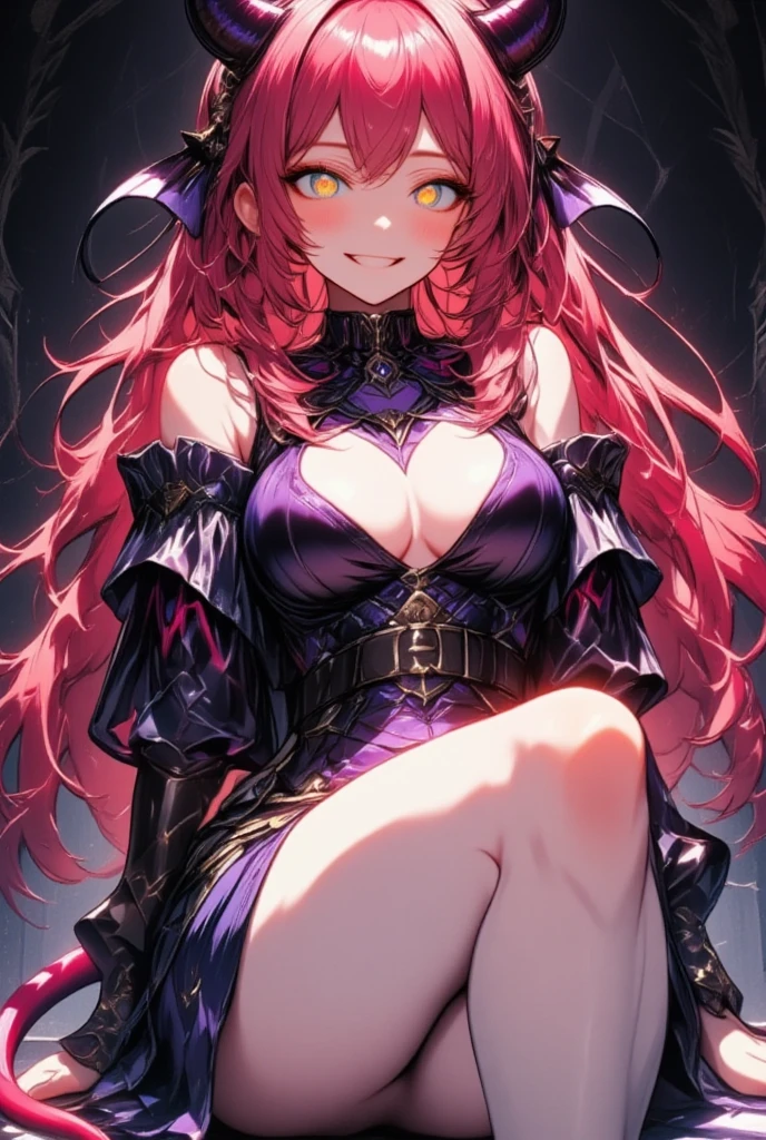 1girl,gal,reclining,crossed legs,large breasts,very long hair,red hair,wavy hair,evil smile,Yellow eyes,devil,demon wings,demon tail,demon horns,dominatrix,sexy,sexy pose,(masterpiece,best quality,finely detailed skin,ultra detailed,super fine illustration),Black aura background