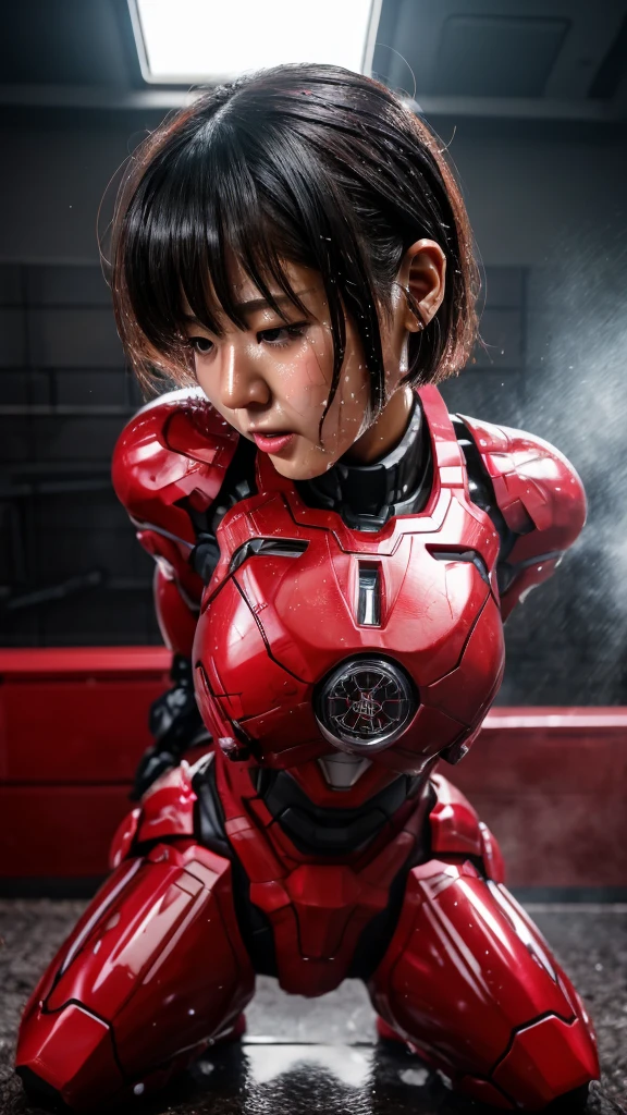 Best Quality　 8k full body red war machine suit girl　Gloss　 Japanese women in their 30s 　Sweaty face　cute　 short hair　 boyish 　Steam coming out of my head　 Her Hair Is Wet With Sweat 　The feel of black hair　 full body portrait　  　Drooling from the mouth　bare hands　 low angle