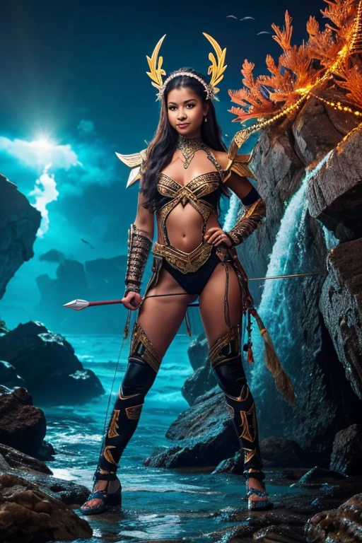 In a (lush jungle:1.3) setting, in the middle of the misty veil formed by (majestic waterfalls:1.3), a sublime warrior, French girl, standing in the water, her gaze piercing directly into the camera lens. The (dark night sky:1.3) above is lit by a (fiery red moon), casting an unearthly glow. A (brazier) projects its glow on the girl. Her perfect physique is highlighted by (beautiful bikini armor:1.5) adorned with (lava and flames:1.3). Her (black tiara), made from (black horns), rests on her long black hair and she wears a sensual smile. The gentle flow of the river creates a calming hum, while the warrior's confidence radiates through the cinematic frame. (Darkness:1.3). (Lava Armor, flames Armor, Big pike armor:1.3)