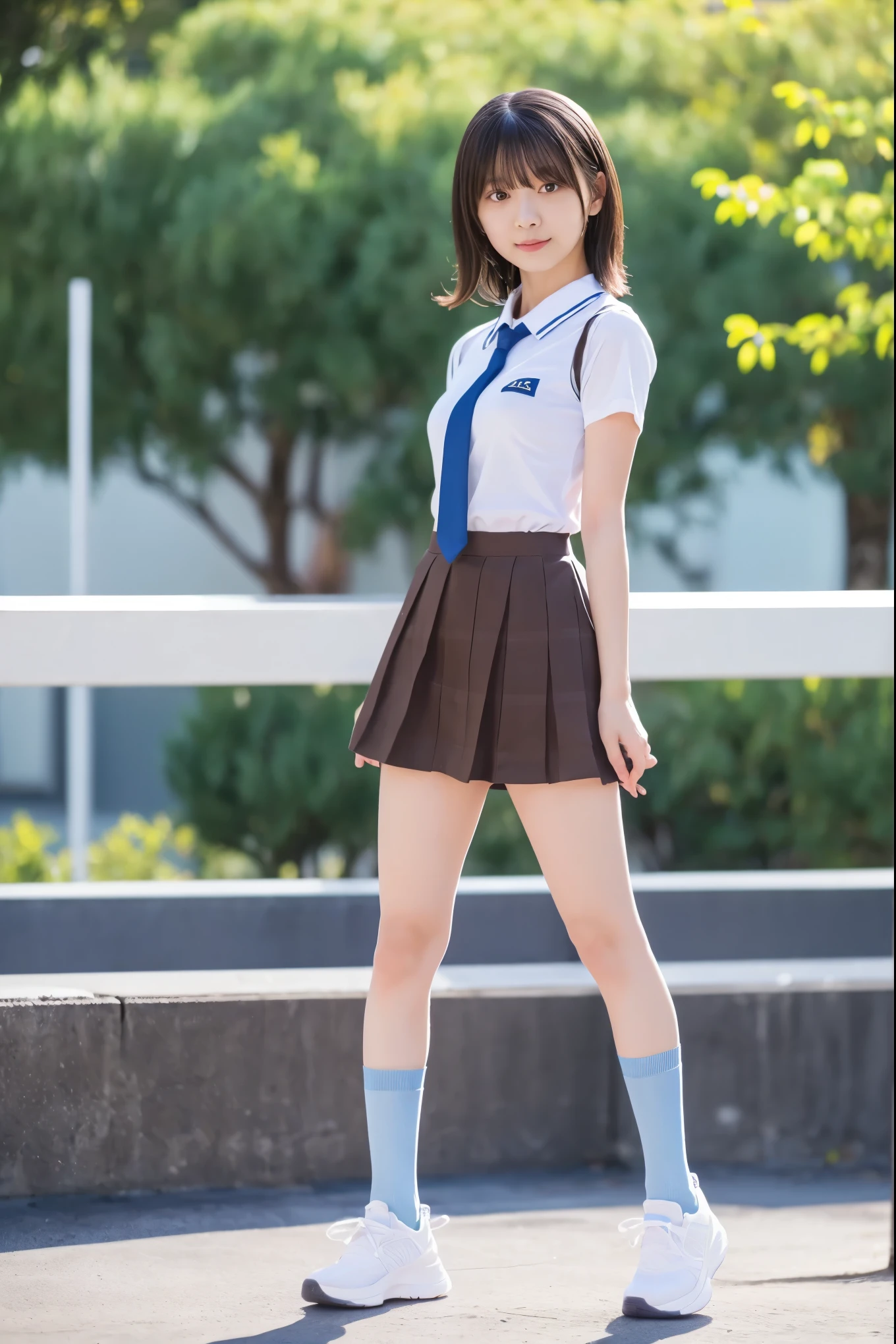 ***1 person、(8k、 RAW Photos、Best Quality、 High Quality、 masterpiece:1.2)、( real、 real)、1 person、( dark brown hair with medium hair 、Y shirt with white collar 、tie、Breast enlargement、 Blue Check Mini Short Skirt、 shiny skin、Thin legs、(Loose fitting socks、 wearing loose socks:1,2)、 sneakers、 front view、School grounds、( stand with your hands on your lower back, standing:1,2))、 cute、Show me your whole body、 surreal high school girl、 high school girl,