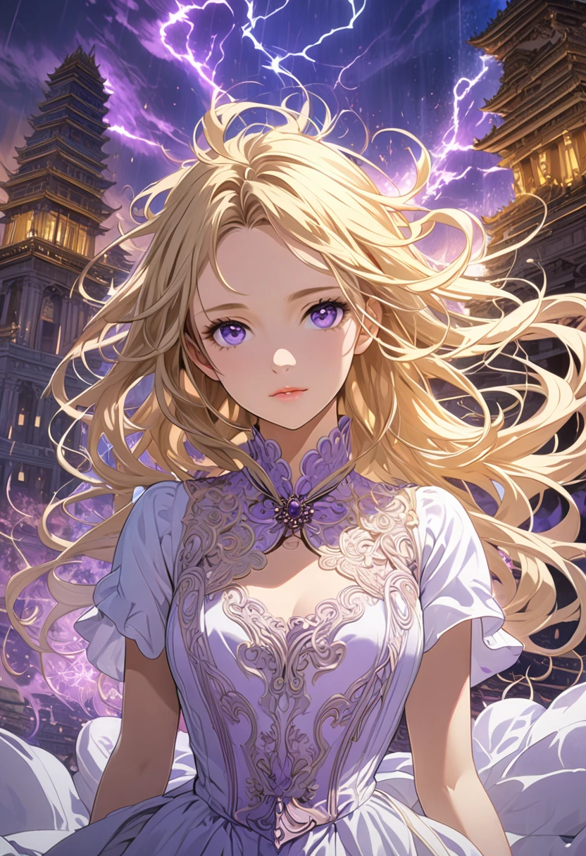 8k resolution, masterpiece, Romanticism painting,  beautiful girls: 18 years old, messy hair , blonde,  Delicate depiction of hair, Delicate expression, 美しい perfect face,  perfect face, Mid-chest, Add light purple and purple,  intricate details, Big temple,  colorful background, aura,  Strong winds, thunder,  Alexandria, Detailed illustration art anime style , automatic, 