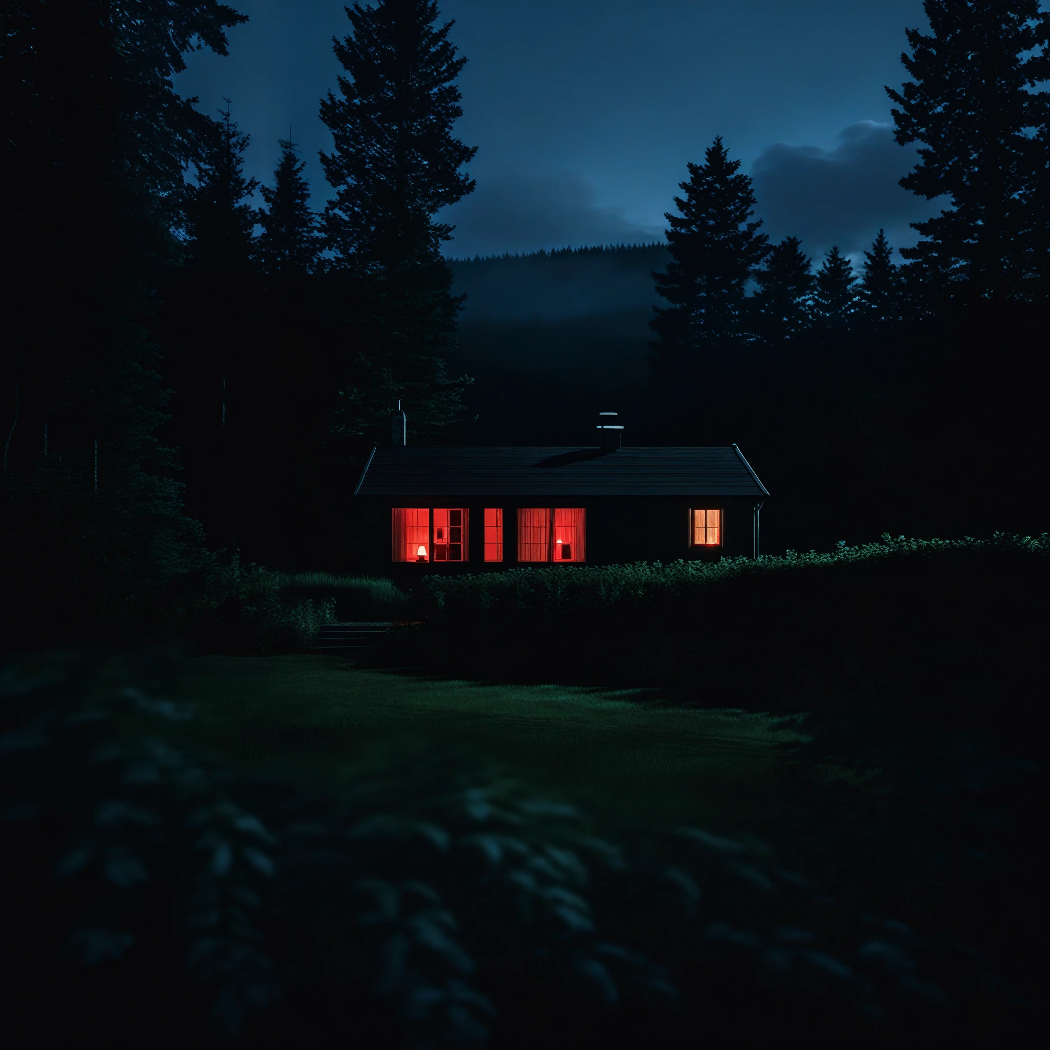 nighttime view of a house with a red light in the dark, inspired by Gregory Crewdson, house in forest, the house in the forest, the small house in the forest, solitary cottage in the woods, by Elsa Bleda, inspired by Elsa Bleda, large windows to forest at night, moody night lighting, cottage in the forest, house in the wood