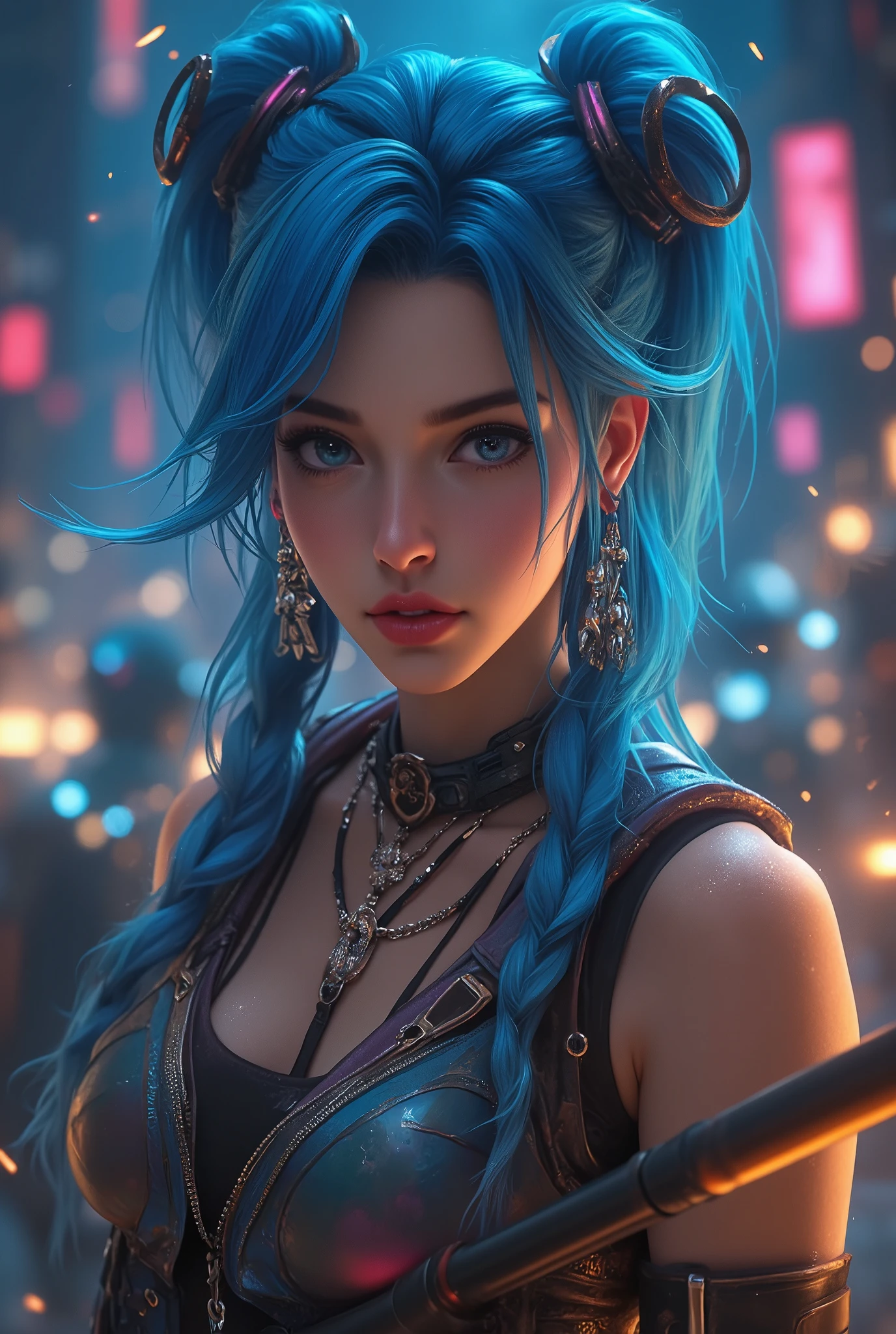 A realistic, high-detail portrait of Jinx from League of Legends, capturing her intense, mischievous expression and iconic long blue braids. She wears a punk-inspired outfit with vibrant colors and intricate details, including straps, belts, and metallic accents, all portrayed with a lifelike texture. The scene includes her rocket launcher, Fishbones, and a background filled with sparks and neon lights that enhance her wild, chaotic energy. The lighting is dramatic, with realistic shadows and highlights that give her a bold, striking presence, creating a vivid and lifelike rendition of Jinx’s playful and unpredictable personality,