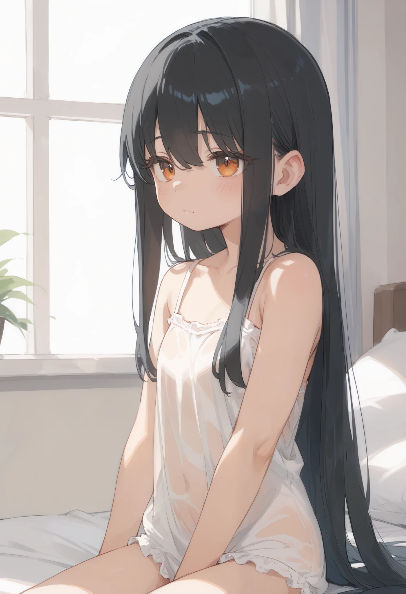 1girl, (alone:1.2), ((master piece)), (Shadow), [slender], (sad expression), ((sharp focus)), pale skin, ((Flawless eyes)), (blurred background), (dynamic angle), black hair, closed mouth, Tank top, a shorts, standing, indoor, Living room, Straight hair, Looking at Viewer, cold, indifferent expression, big chest, thick legs, thick thighs