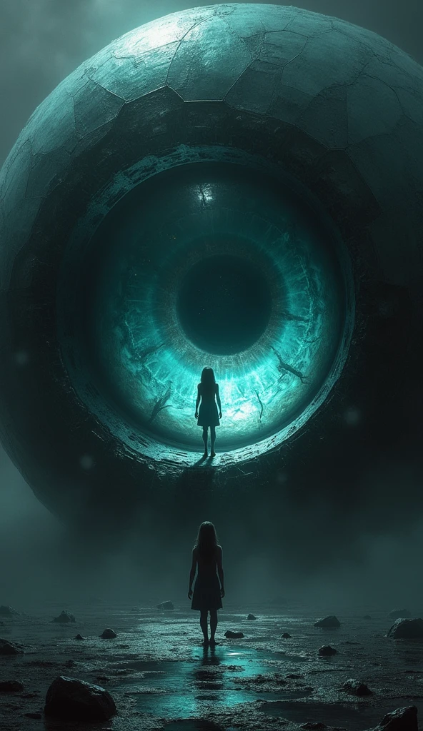 masterpiece、 huge black glass （shaped like an eye ），There's a girl in the glass, from below, break， in front、（Draw a fist slightly downward ）、background、 dark color、 digital art 、