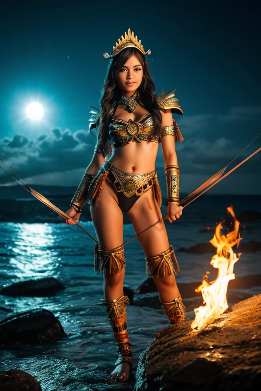 In a (lush jungle:1.3) setting, in the middle of the misty veil formed by (majestic waterfalls:1.3), a sublime warrior, French girl, standin in the water, her gaze piercing directly into the camera lens. The (dark night sky:1.3) above is lit by a (fiery red moon), casting an unearthly glow. A (brazier) projects its glow on the girl. Her perfect physique is highlighted by (beautiful bikini armor:1.5) adorned with (lava and flames:1.3). Her (black tiara), made from (black horns), rests on her long black hair and she wears a sensual smile. The gentle flow of the river creates a calming hum, while the warrior's confidence radiates through the cinematic frame. (Darkness:1.3). (Lava Armor, flames Armor, Big pike armor:1.3)