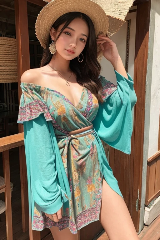  17yo Womens 、Bohemian Style、 wrap front V neck、Asian taste、 off shoulder　Plump figure