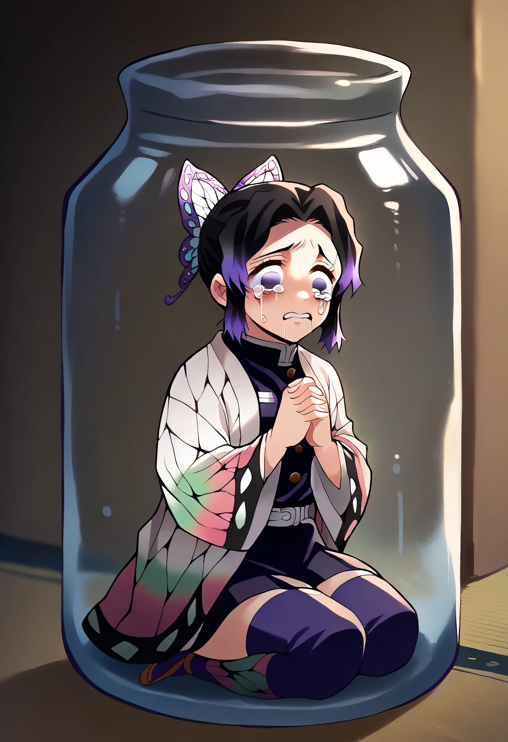 Obra de arte,  top quality, Shinobu Kocho, from Demon Slayer, scared face,  tears in the eyes , desperate, the flag, Broken robe , purple stockings, kneeling,  trapped in a transparent bottle, Hands together begging , trapped inside the transparent bottle 