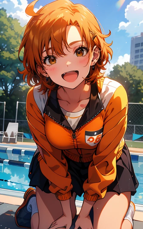 (sweat)、(vapor)､ brown loafers、Black calf socks、 orange sailor suit 、 flat lighting、Elevation、Best Quality、 very detailed,  detailed background ,  1 girl、Alone、Big Breasts、 smiles lightly,  is embarrassing, ((Outdoor pool side)), perfect anatomical ,bright orange shiny hair,Ahoge,
