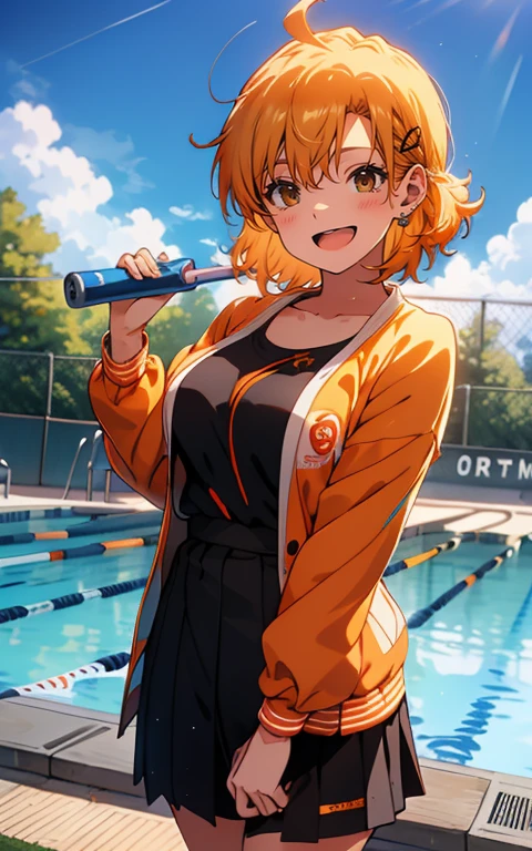 (sweat)、(vapor)､ brown loafers、Black calf socks、 orange sailor suit 、 flat lighting、Elevation、Best Quality、 very detailed,  detailed background ,  1 girl、Alone、Big Breasts、 smiles lightly,  is embarrassing, ((Outdoor pool side)), perfect anatomical ,bright orange shiny hair,Ahoge,
