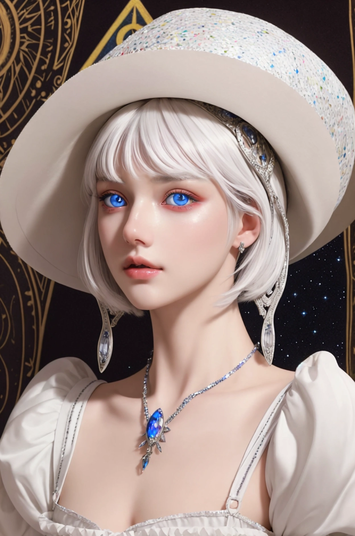 (masterpiece), (work of art), (amazing work), (detailed eyes), (delicate skin), (heterochromatic eyes), (multicolored), (short white hair with bangs), (sparkling eyes), (1girl) with witch's hat, ancient, old, wearing extravagant medieval clothes, masterpiece, best quality, best desinger, best illustration