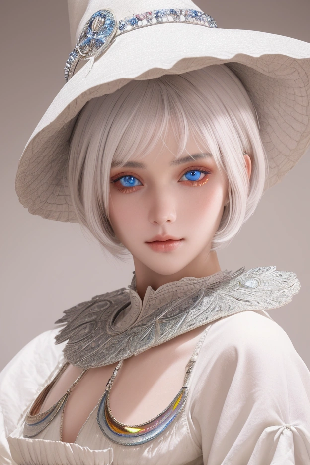 (masterpiece), (work of art), (amazing work), (detailed eyes), (delicate skin), (heterochromatic eyes), (multicolored), (short white hair with bangs), (sparkling eyes), (1girl) with witch's hat, ancient, old, wearing extravagant medieval clothes, masterpiece, best quality, best desinger, best illustration