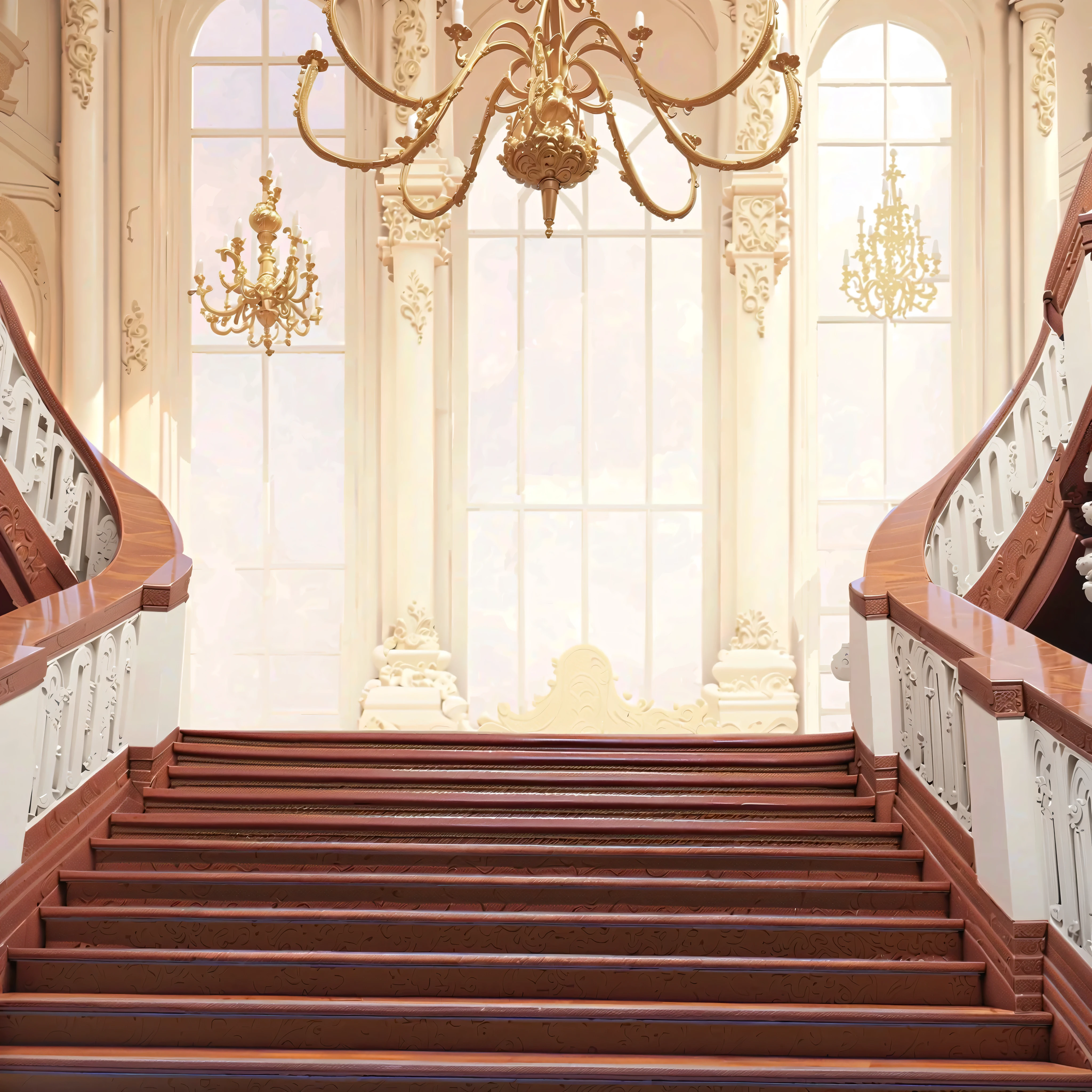  A picture of a palace staircase full of sunshine looking up ，The imposing staircase ， The staircase with a wooden floor ， The stair railings are exquisite European carvings and European carved columns， The staircase faces a large floor-to-ceiling window ， There is a white Roman pillar next to the window ， The staircase has exquisite European carvings ， has a golden European chandelier on the top 