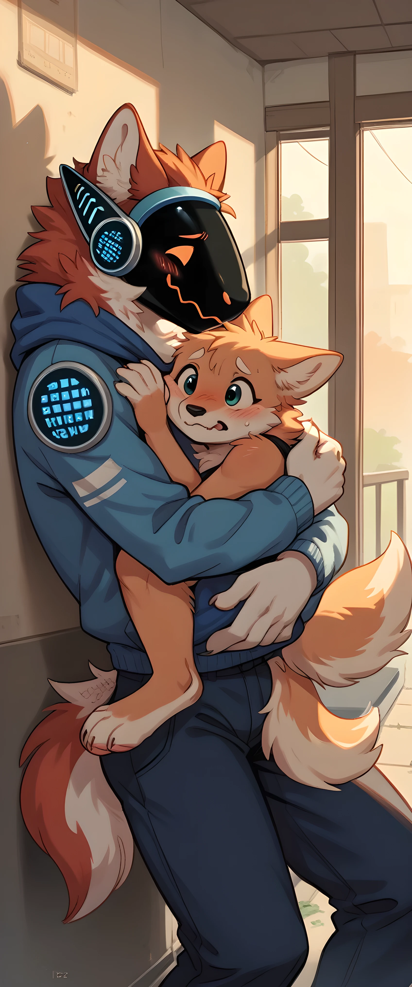 by orf, sweet hug between 2 wolves, Duo, half body, Emotional Picture of 2 character hugging, sky blue and fluffy clowd.