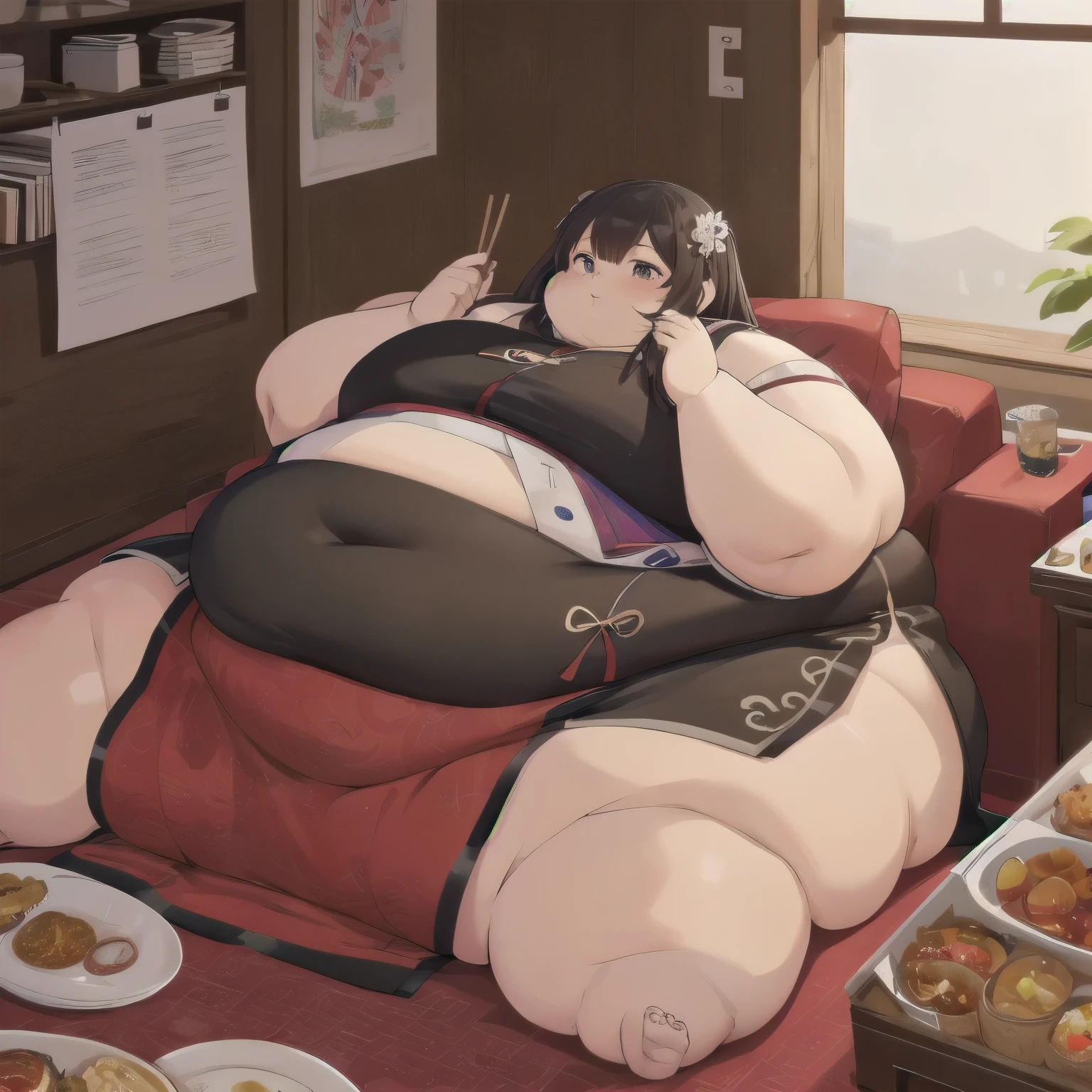 Worlds fattest Chinese woman, immobile, too fat to move , eating Chinese food, wearing a traditional Chinese dress 