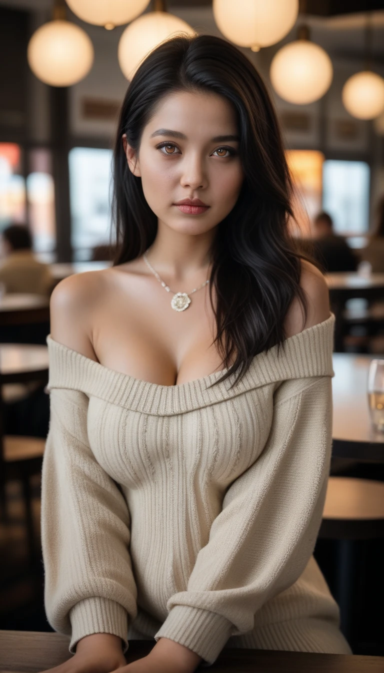 Realistic, fotorRealistic, 8k,  RAW photos from the last century, Best Quality,  masterpiece . Super detailed,   Kodak Vision color style  ,   soft bokeh and sharp focus  .   18 year old brunette Asian young woman, (Dark Skin), (  long black hair :1.5), ( hazel eyes:1.2) Sitting in a restaurant, Alone, ( Big Breasts:1.2),   staring at the viewer  ,  Bare Shoulder ,   jewelry,  Necklace ,  Bare Shoulder ,  beige sweater  , Realistic,  sexy, Front view of face , (  Face color style maximum  :1.2)