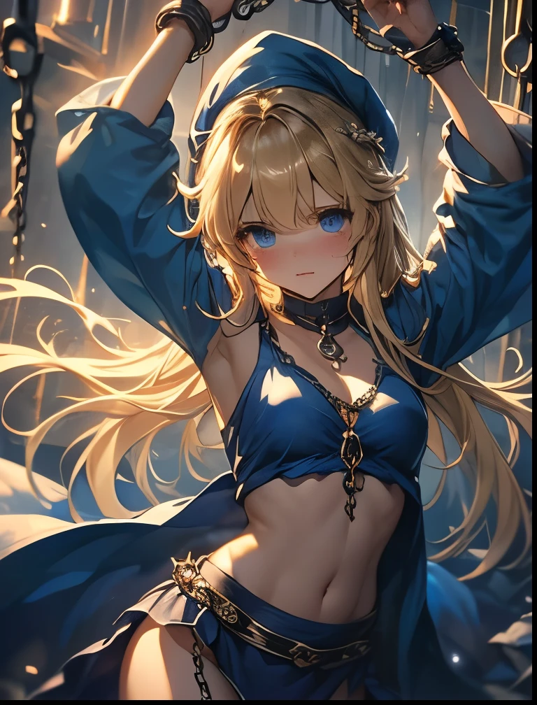 （（（ＳＦＷ、Precision、Highest quality、A first-class masterpiece、Normal body、8k、  Detailed Face 、Ultra-precision、 Normal hand、５refer to、Highest）））、Witch、Witch（Puyo Puyo）、adult、 Blonde Long Hair 、 Beautiful Girl、 Tattered Blue Robe、mage hat with a hole、Half naked、Almost naked、 pure white bras exposed、Pure white panties exposed 、Navel exposed、Shoulder exposed、Cleavage exposure、regrettable、 is embarrassing、scared、blush、tears、 raise both hands、Bound with hands up、両手Chain Bondage、Constraints、Chain Bondage、Collar、CollarRead、A lot of chains、prison、Iron bars