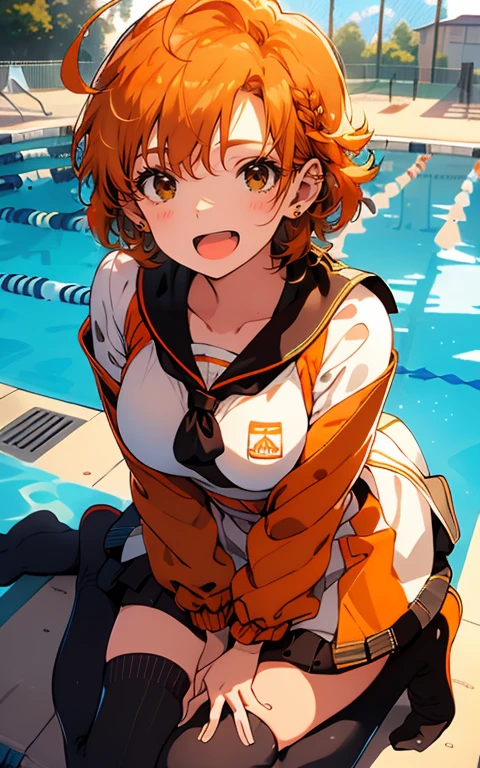 (sweat)、(vapor)､(( brown loafers))、((Black thigh-high socks))、((Absolute territory)),(( orange sailor suit ))、 flat lighting、Elevation、Best Quality、 very detailed,  detailed background ,  1 girl、Alone、Big Breasts、 smiles lightly,  is embarrassing, ((Outdoor pool side)), perfect anatomical ,bright orange shiny hair,Ahoge,
