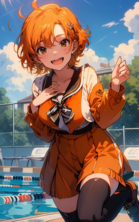 (sweat)、(vapor)､(( brown loafers))、((Black thigh-high socks))、((Absolute territory)),(( orange sailor suit ))、 flat lighting、Elevation、Best Quality、 very detailed,  detailed background ,  1 girl、Alone、Big Breasts、 smiles lightly,  is embarrassing, ((Outdoor pool side)), perfect anatomical ,bright orange shiny hair,Ahoge,
