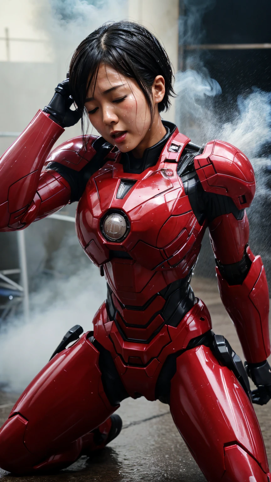 Best Quality　 8k full body red war machine suit girl　Gloss　 Japanese women in their 30s 　Sweaty face　cute　 short hair　 boyish 　Steam coming out of my head　 Her Hair Is Wet With Sweat 　The feel of black hair　 full body portrait　  　Drooling from the mouth　bare hands　 low angle　 with my eyes closed　I feel smoke coming from my vagina 